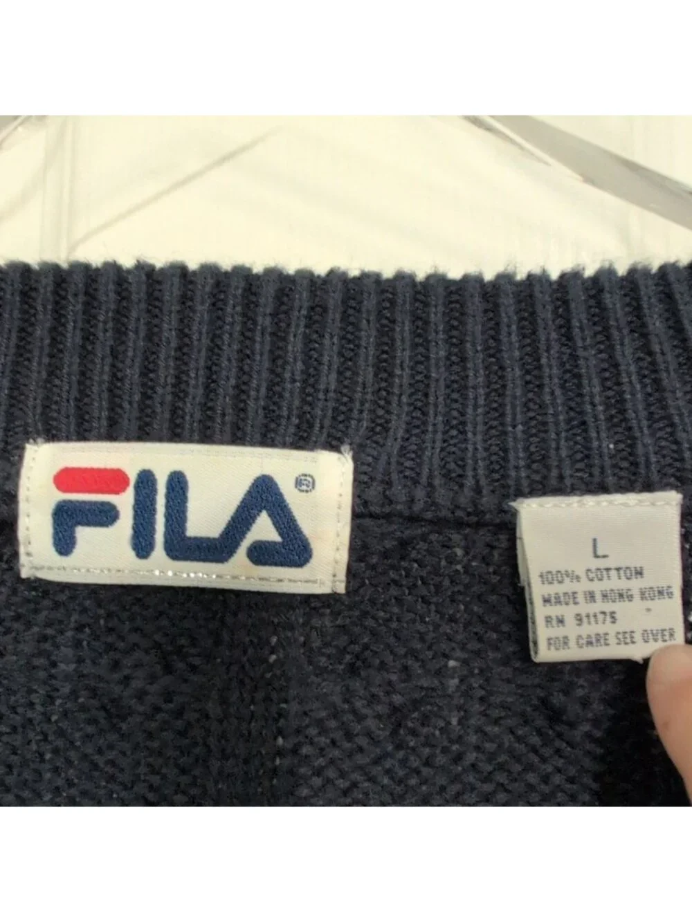 Vintage Fila Tennis Sweater Mens Size Large Blue Cable Knit V Neck Preppy Cotton